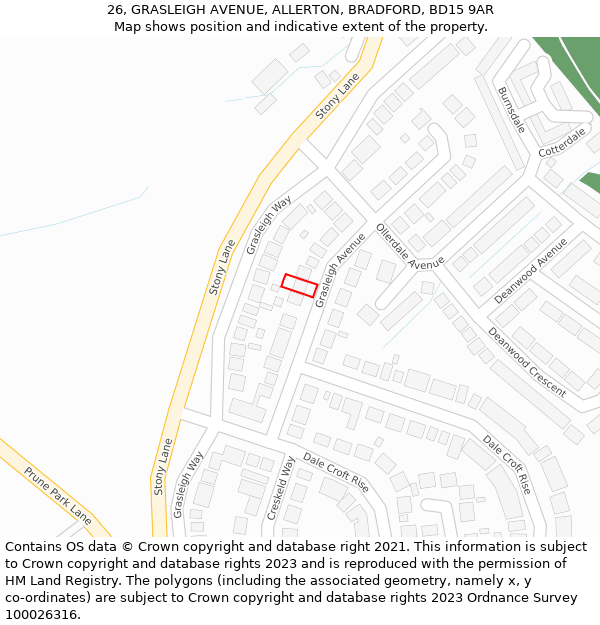 26, GRASLEIGH AVENUE, ALLERTON, BRADFORD, BD15 9AR: Location map and indicative extent of plot