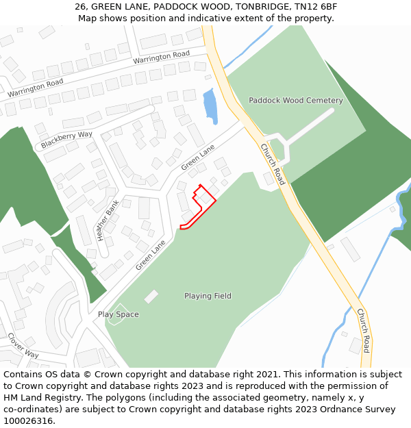 26, GREEN LANE, PADDOCK WOOD, TONBRIDGE, TN12 6BF: Location map and indicative extent of plot