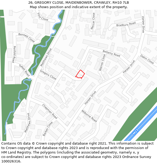 26, GREGORY CLOSE, MAIDENBOWER, CRAWLEY, RH10 7LB: Location map and indicative extent of plot