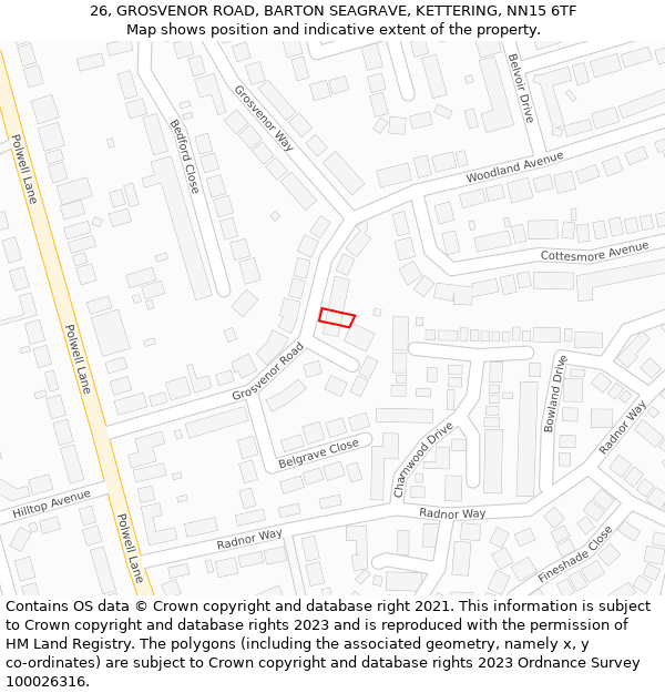 26, GROSVENOR ROAD, BARTON SEAGRAVE, KETTERING, NN15 6TF: Location map and indicative extent of plot