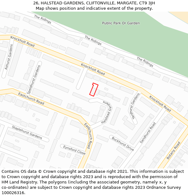 26, HALSTEAD GARDENS, CLIFTONVILLE, MARGATE, CT9 3JH: Location map and indicative extent of plot