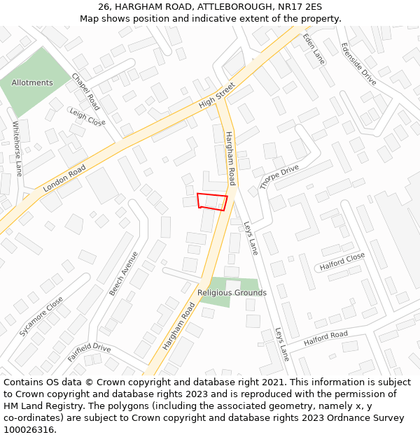 26, HARGHAM ROAD, ATTLEBOROUGH, NR17 2ES: Location map and indicative extent of plot