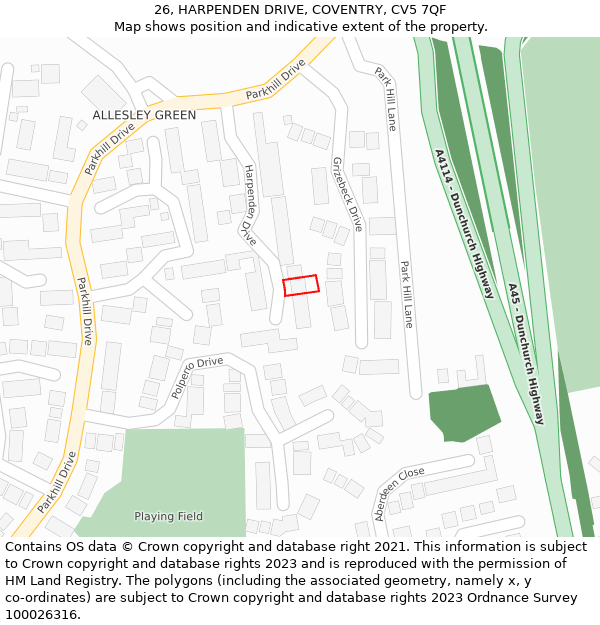 26, HARPENDEN DRIVE, COVENTRY, CV5 7QF: Location map and indicative extent of plot