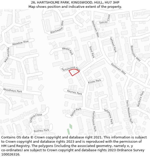 26, HARTSHOLME PARK, KINGSWOOD, HULL, HU7 3HP: Location map and indicative extent of plot
