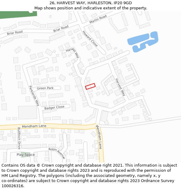 26, HARVEST WAY, HARLESTON, IP20 9GD: Location map and indicative extent of plot