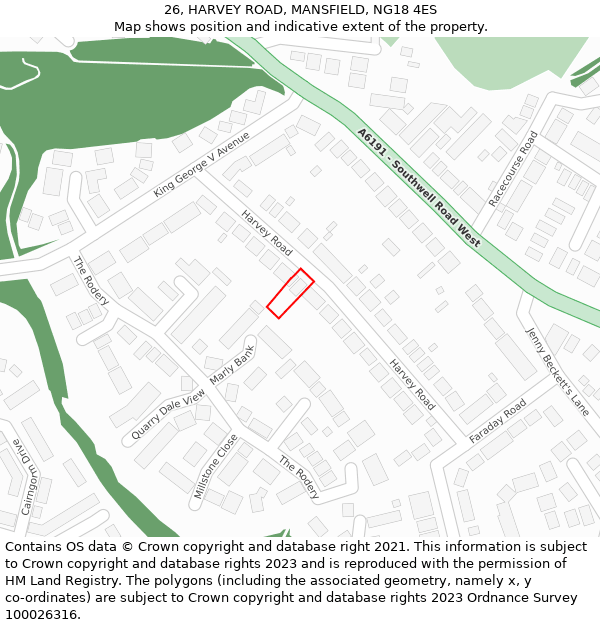 26, HARVEY ROAD, MANSFIELD, NG18 4ES: Location map and indicative extent of plot