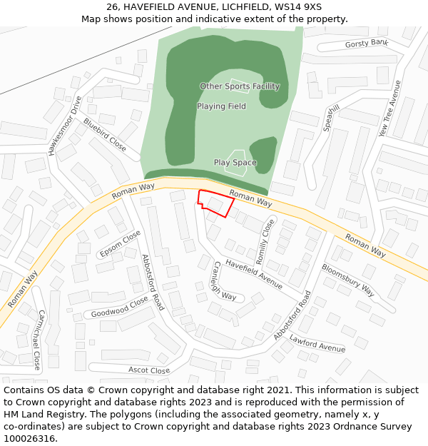 26, HAVEFIELD AVENUE, LICHFIELD, WS14 9XS: Location map and indicative extent of plot