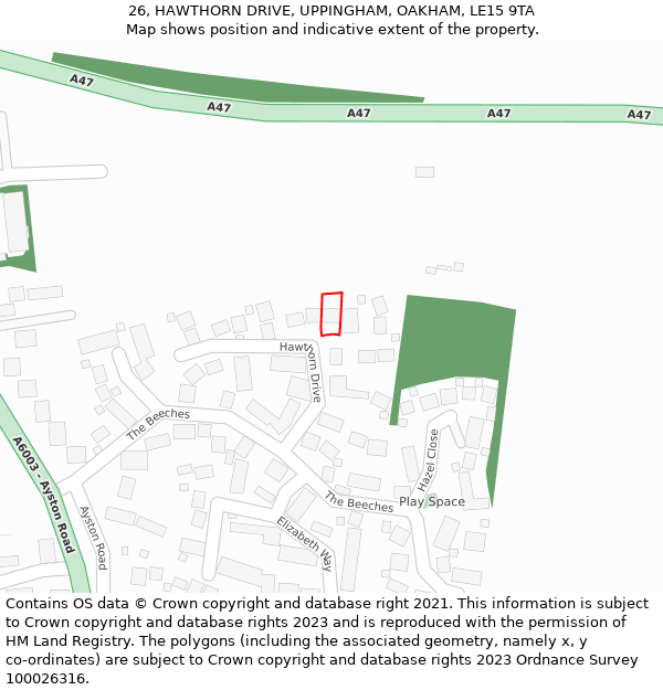 26, HAWTHORN DRIVE, UPPINGHAM, OAKHAM, LE15 9TA: Location map and indicative extent of plot
