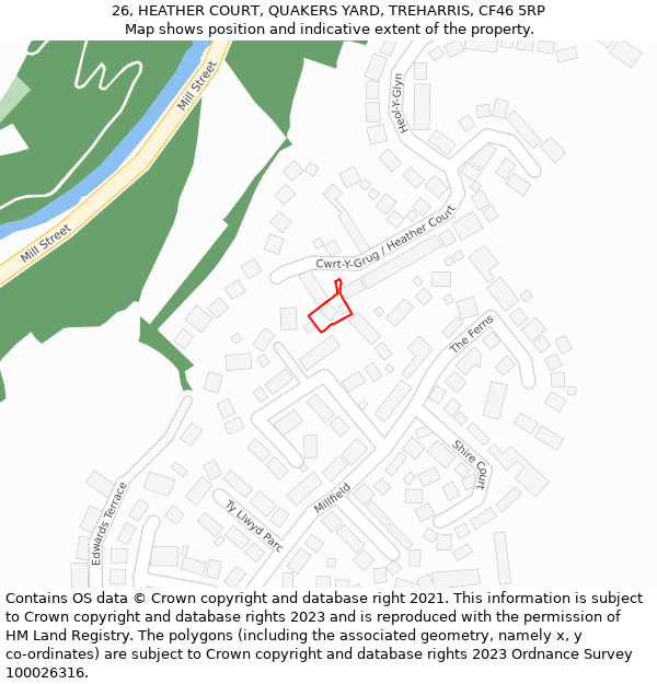 26, HEATHER COURT, QUAKERS YARD, TREHARRIS, CF46 5RP: Location map and indicative extent of plot