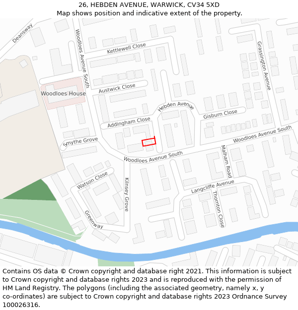 26, HEBDEN AVENUE, WARWICK, CV34 5XD: Location map and indicative extent of plot