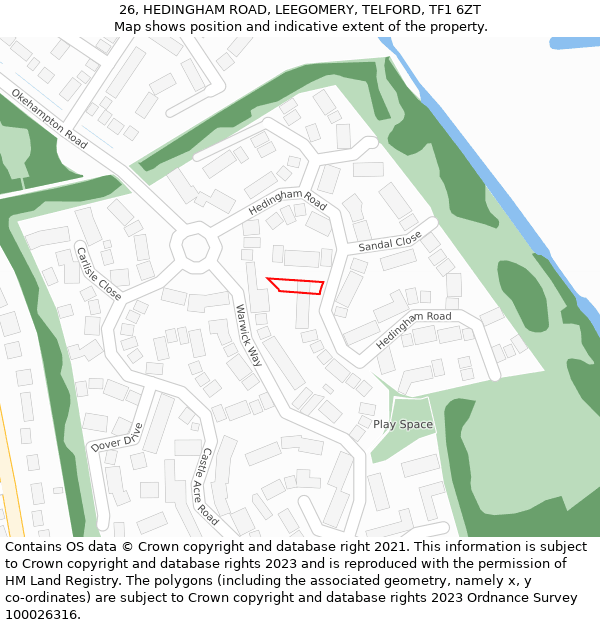 26, HEDINGHAM ROAD, LEEGOMERY, TELFORD, TF1 6ZT: Location map and indicative extent of plot