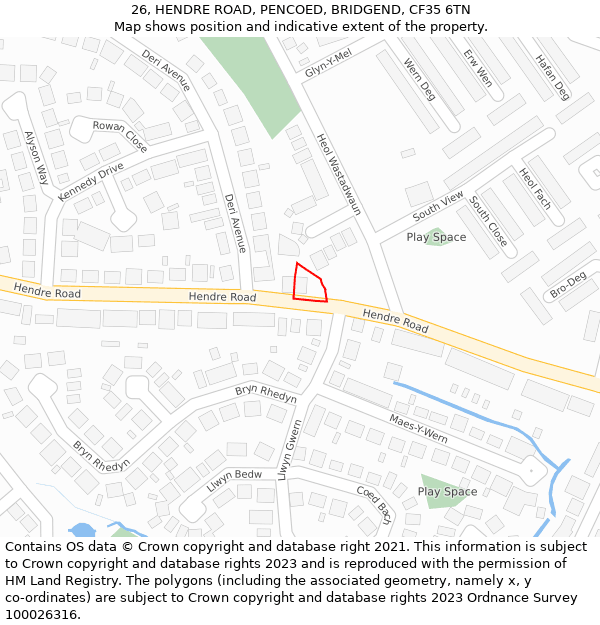 26, HENDRE ROAD, PENCOED, BRIDGEND, CF35 6TN: Location map and indicative extent of plot