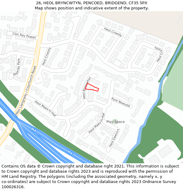 26, HEOL BRYNCWTYN, PENCOED, BRIDGEND, CF35 5PX: Location map and indicative extent of plot