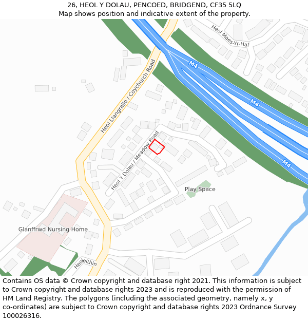 26, HEOL Y DOLAU, PENCOED, BRIDGEND, CF35 5LQ: Location map and indicative extent of plot