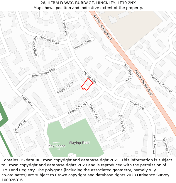 26, HERALD WAY, BURBAGE, HINCKLEY, LE10 2NX: Location map and indicative extent of plot