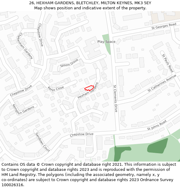 26, HEXHAM GARDENS, BLETCHLEY, MILTON KEYNES, MK3 5EY: Location map and indicative extent of plot