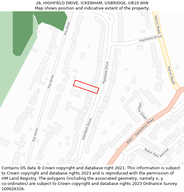 26, HIGHFIELD DRIVE, ICKENHAM, UXBRIDGE, UB10 8AN: Location map and indicative extent of plot