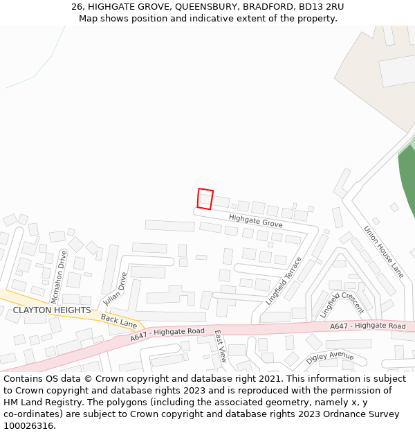 26, HIGHGATE GROVE, QUEENSBURY, BRADFORD, BD13 2RU: Location map and indicative extent of plot