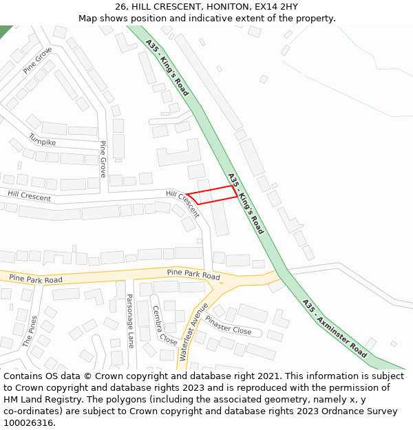 26, HILL CRESCENT, HONITON, EX14 2HY: Location map and indicative extent of plot