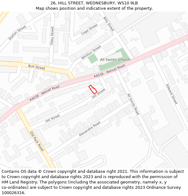 26, HILL STREET, WEDNESBURY, WS10 9LB: Location map and indicative extent of plot