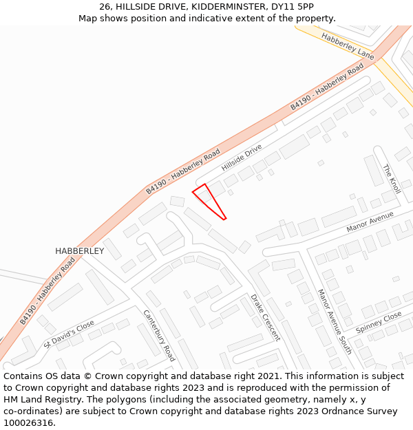 26, HILLSIDE DRIVE, KIDDERMINSTER, DY11 5PP: Location map and indicative extent of plot