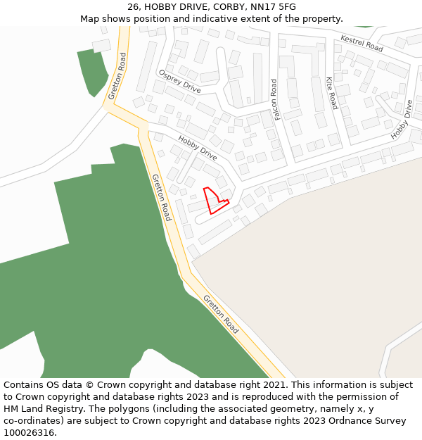 26, HOBBY DRIVE, CORBY, NN17 5FG: Location map and indicative extent of plot