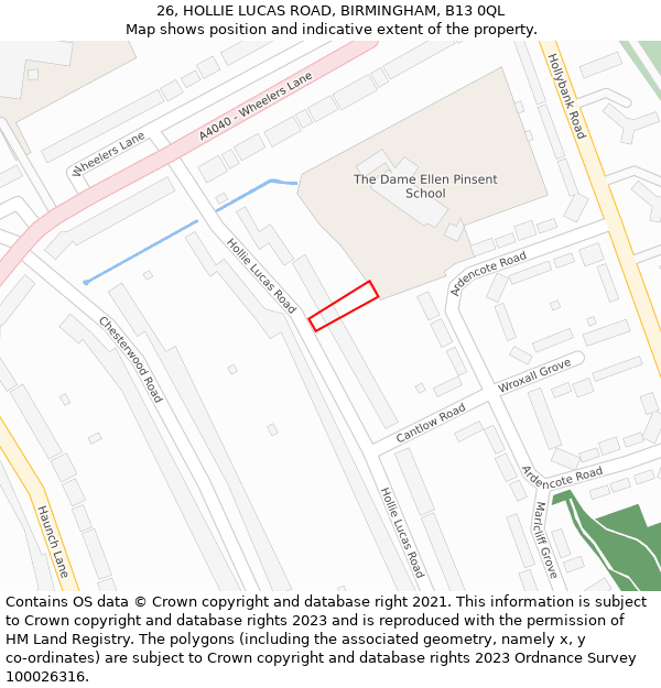 26, HOLLIE LUCAS ROAD, BIRMINGHAM, B13 0QL: Location map and indicative extent of plot