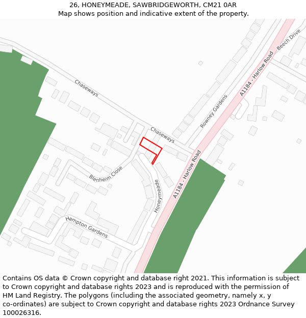 26, HONEYMEADE, SAWBRIDGEWORTH, CM21 0AR: Location map and indicative extent of plot