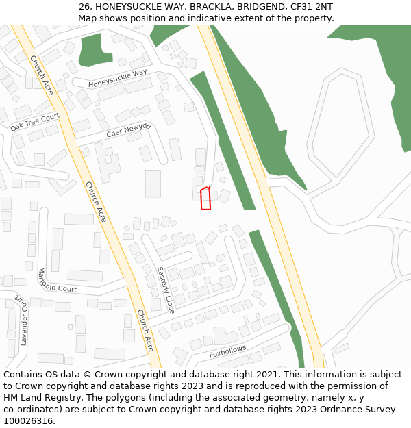 26, HONEYSUCKLE WAY, BRACKLA, BRIDGEND, CF31 2NT: Location map and indicative extent of plot