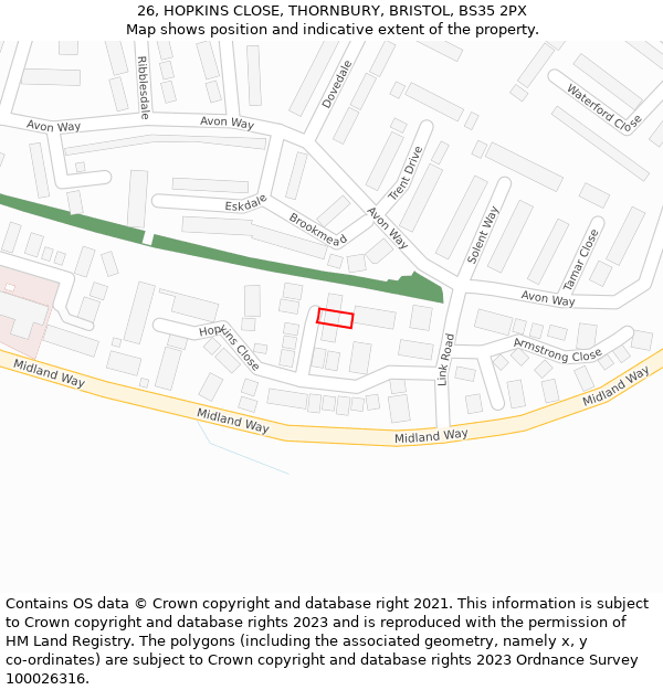 26, HOPKINS CLOSE, THORNBURY, BRISTOL, BS35 2PX: Location map and indicative extent of plot