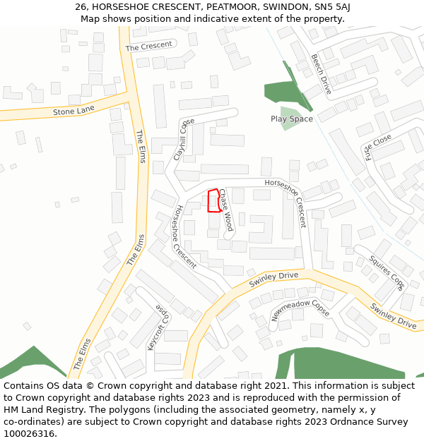 26, HORSESHOE CRESCENT, PEATMOOR, SWINDON, SN5 5AJ: Location map and indicative extent of plot