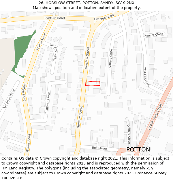 26, HORSLOW STREET, POTTON, SANDY, SG19 2NX: Location map and indicative extent of plot