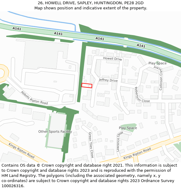 26, HOWELL DRIVE, SAPLEY, HUNTINGDON, PE28 2GD: Location map and indicative extent of plot