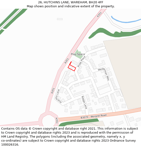 26, HUTCHINS LANE, WAREHAM, BH20 4FF: Location map and indicative extent of plot