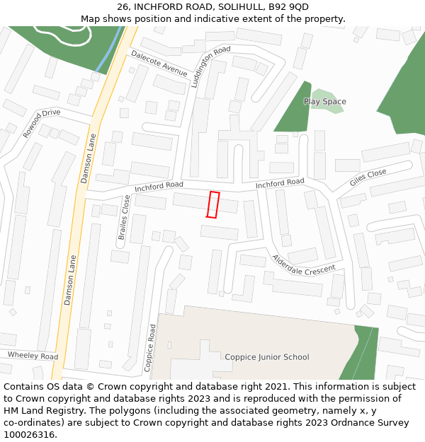 26, INCHFORD ROAD, SOLIHULL, B92 9QD: Location map and indicative extent of plot