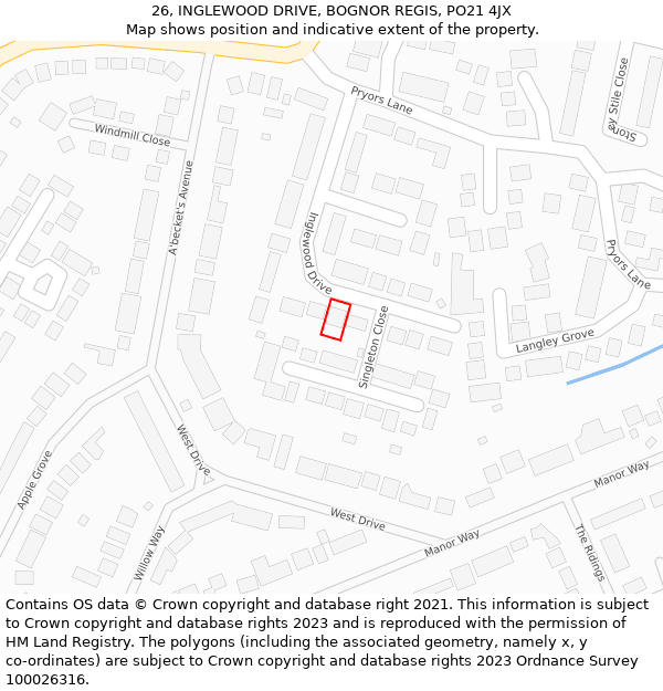 26, INGLEWOOD DRIVE, BOGNOR REGIS, PO21 4JX: Location map and indicative extent of plot