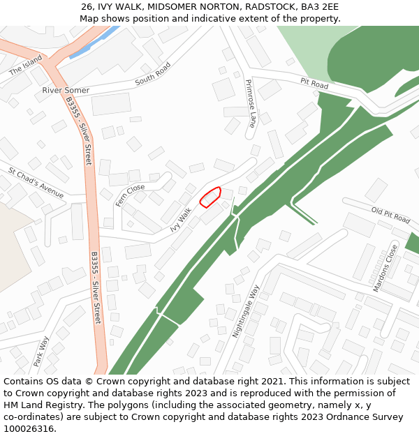 26, IVY WALK, MIDSOMER NORTON, RADSTOCK, BA3 2EE: Location map and indicative extent of plot