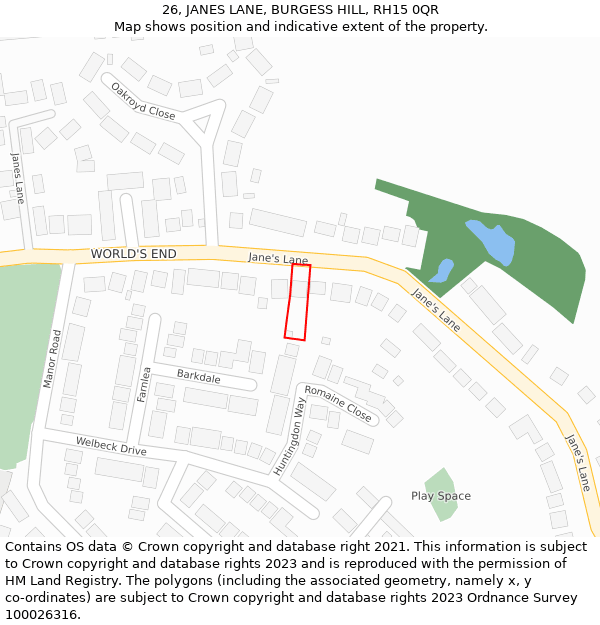 26, JANES LANE, BURGESS HILL, RH15 0QR: Location map and indicative extent of plot