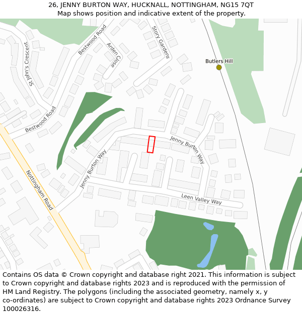 26, JENNY BURTON WAY, HUCKNALL, NOTTINGHAM, NG15 7QT: Location map and indicative extent of plot