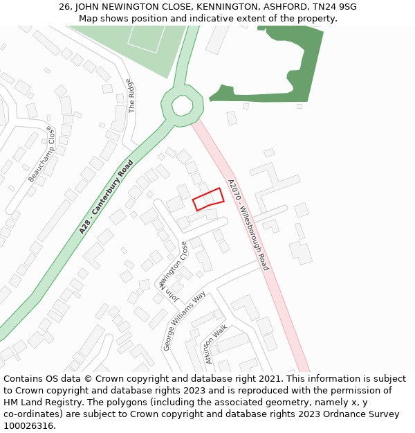 26, JOHN NEWINGTON CLOSE, KENNINGTON, ASHFORD, TN24 9SG: Location map and indicative extent of plot