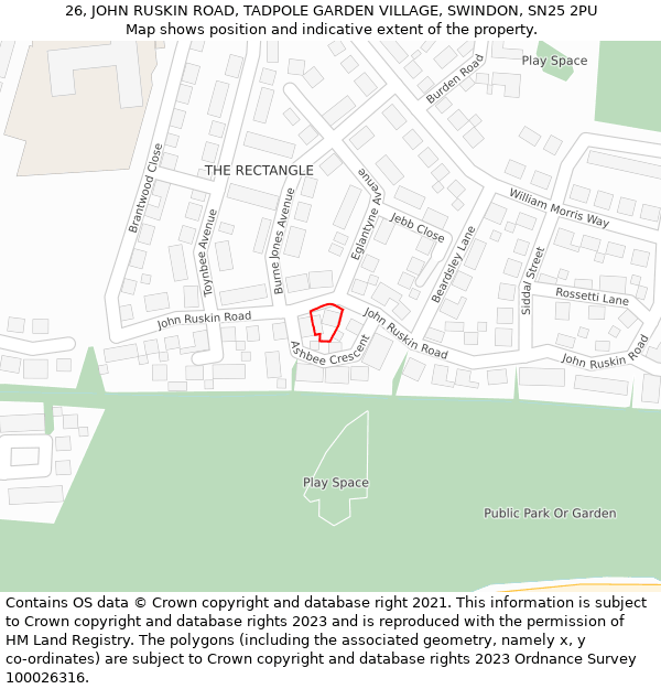 26, JOHN RUSKIN ROAD, TADPOLE GARDEN VILLAGE, SWINDON, SN25 2PU: Location map and indicative extent of plot