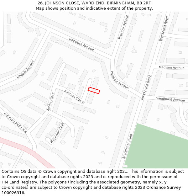 26, JOHNSON CLOSE, WARD END, BIRMINGHAM, B8 2RF: Location map and indicative extent of plot