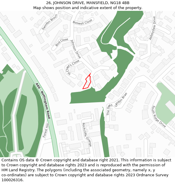 26, JOHNSON DRIVE, MANSFIELD, NG18 4BB: Location map and indicative extent of plot