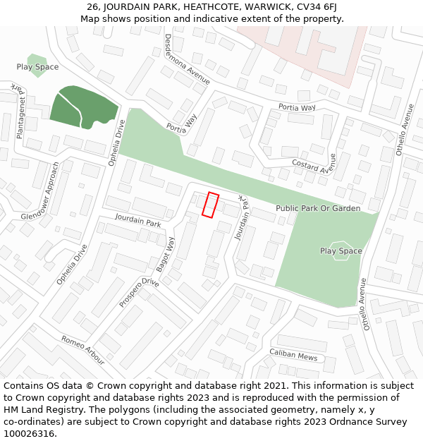 26, JOURDAIN PARK, HEATHCOTE, WARWICK, CV34 6FJ: Location map and indicative extent of plot