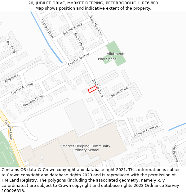 26, JUBILEE DRIVE, MARKET DEEPING, PETERBOROUGH, PE6 8FR: Location map and indicative extent of plot