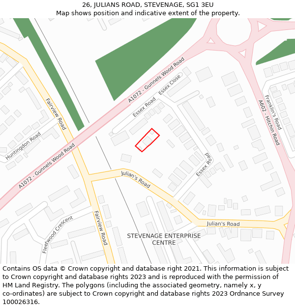 26, JULIANS ROAD, STEVENAGE, SG1 3EU: Location map and indicative extent of plot
