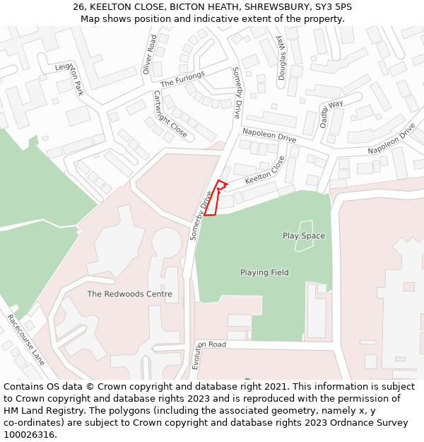 26, KEELTON CLOSE, BICTON HEATH, SHREWSBURY, SY3 5PS: Location map and indicative extent of plot