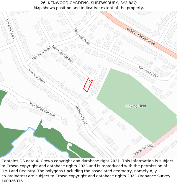 26, KENWOOD GARDENS, SHREWSBURY, SY3 8AQ: Location map and indicative extent of plot