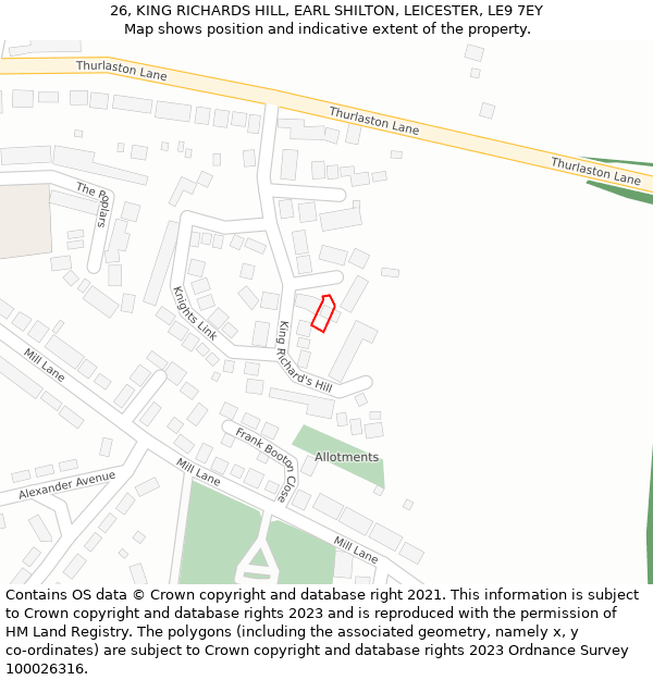 26, KING RICHARDS HILL, EARL SHILTON, LEICESTER, LE9 7EY: Location map and indicative extent of plot