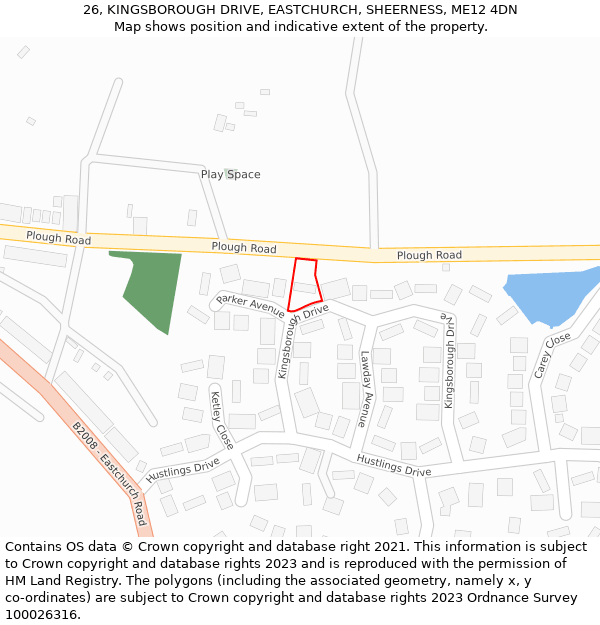 26, KINGSBOROUGH DRIVE, EASTCHURCH, SHEERNESS, ME12 4DN: Location map and indicative extent of plot